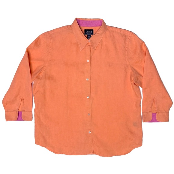 Chaps Classics 100% Linen Button Down Shirt Flip Cuff Orange Pink Crest XL - Picture 1 of 11
